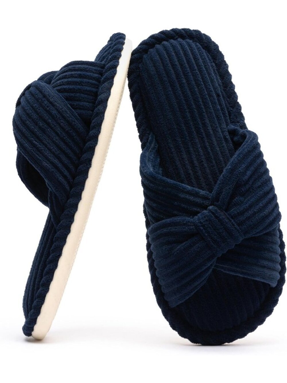 Women's Royal Blue Corduroy Bow Comfortable Bedroom Spa Open Toe Slipper Shoes